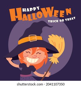 happy halloween card, girl in costume witch