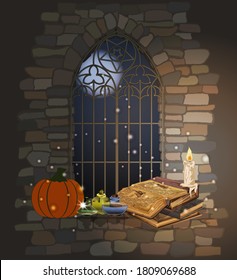 Happy Halloween card. Gothic window with magic book, pumpkin and glass jar. vector illustration