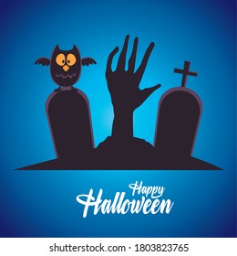 happy halloween card with hand death and owl in cemetery vector illustration design