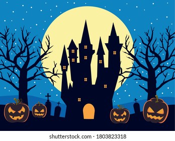 happy halloween card with haunted castle and pumpkins vector illustration design