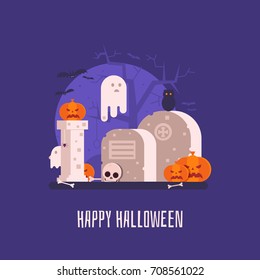 Happy halloween card with haunted graveyard with spooks, bats and pumpkins. Halloween background or banner concept with old gothic ghost cemetery.