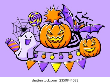 Happy Halloween card. Holiday background with celebration items.