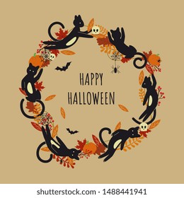 Happy Halloween card. Holiday scary circle with festive elements, black cat,  pumpkin, skull, bat, spider, autumn leaves and berries. Decor for invitation
