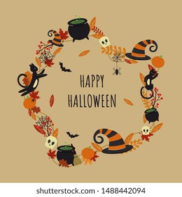 Happy Halloween card. Holiday scary circle with festive elements, black cat,  pumpkin, whitch hat, skull, bat, spider, cauldron, jack o lantern, autumn leaves. Decor for invitation