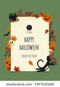 Happy Halloween card. Holiday scary frame with text and festive elements, black cat,  pumpkin, whitch hat, skull, bat, spider, cauldron, jack o lantern, autumn leaves. Decor for invitation