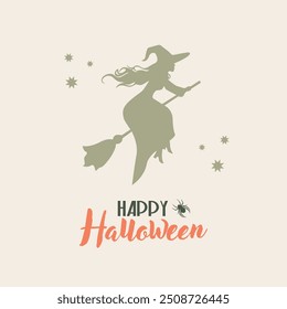 Happy Halloween card. Happy holiday. Witch on broom postcard.