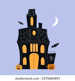 Happy Halloween card with house,spider and pumpkins.Cute cartoon characters and the haunted house are drawn with textures.Autumn print on fabric and paper.Vector hand drawn illustration.