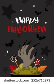 Happy Halloween card. Illustration of witches hand in the cauldron and bats. Cartoon style, vector design