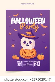 Happy Halloween card invitation with pumpkin and cute ghost