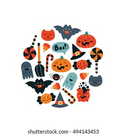 Happy Halloween card in kawaii childish style on white background: pumpkin, bat, candy, lollipop, witch hat, moon, spider, ghost, broom, pot, boo, cat. Vector illustration.