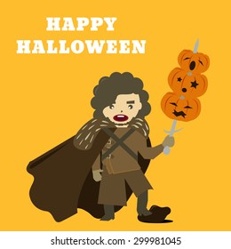 Happy Halloween card with knight and pumpkin, vector illustration