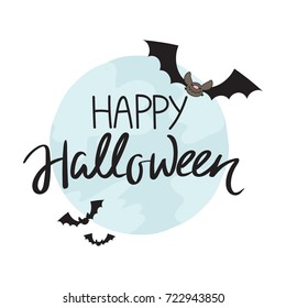 Happy Halloween card with lettering inscription and cartoon bats on a moon background