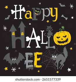 Happy Halloween card with lettering, pumpkin and black cat