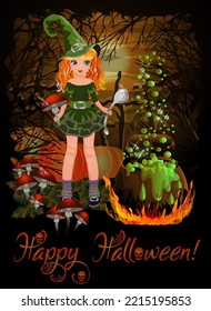 Happy Halloween card, Little redhair witch with spoon, amanita cooks a potion, vector illustration