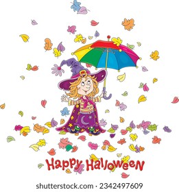 Happy Halloween card with a little witch holding a striped toy umbrella under falling and swirling colorful autumn leaves, vector cartoon illustration isolated on a white background