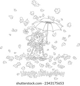 Happy Halloween card with a little witch holding a striped toy umbrella under falling and swirling autumn leaves, black and white outline vector cartoon illustration for a coloring book