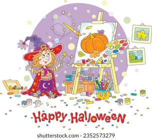 Happy Halloween card with a little witch waving her gold magic wand and drawing pumpkin and autumn leaves on an easel with a flying paintbrush and bright paints from a palette