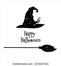 Happy Halloween Card. Magic Hat And Broomstick In Stars. Wizard Design Elements. Vector Illustration Isolated On White Background