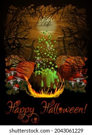 Happy halloween card with magic pot, pumpkin, poisonous mushroom, vector illustration