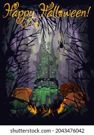 Happy halloween card with magic pot, pumpkin, sinister castle. vector illustration