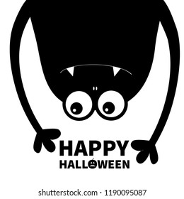Happy Halloween card. Monster head silhouette. Two eyes, teeth, fang, hands. Hanging upside down. Black Funny Cute cartoon character. Baby collection. Flat design. White background Vector