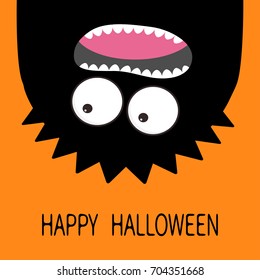 Happy Halloween card. Monster head silhouette. Two eyes, teeth, tongue. Hanging upside down. Black color. Funny Cute cartoon character. Baby collection Flat design. Orange background. Vector