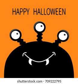 Happy Halloween card. Monster head silhouette with three eyes, fang tooth. Black color. Funny Cute cartoon character. Baby collection. Isolated. Flat design. Orange background. Vector illustration