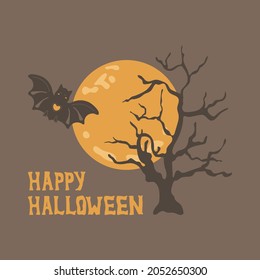 Happy Halloween card with moon, bat and dead tree. Night forest, handwritten text. Vector illustration, greeting banner, card, poster, print. Vector illustration on dark background.