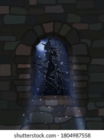 Happy Halloween card. Night view from the window. Bats and flying witch on a broomstick. Vector illustration
