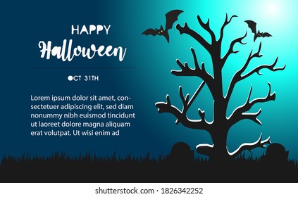 Happy Halloween card Oct 31th with  bats ,pumpkins and tree. banners party invitation. Vector illustration, Halloween card design.