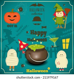 Happy Halloween Card on Blue Background. Vector Illustration.