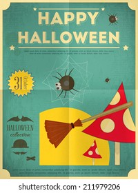 Happy Halloween Card on Blue Background with amanita. Vector Illustration.