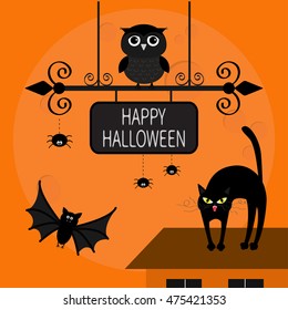  Happy Halloween card. Orange background. Flat design. Vector illustration