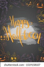 Happy Halloween. Card with the outline of pumpkins, leaves and dream catchers