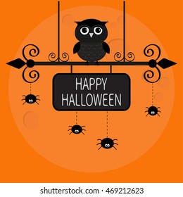 Happy Halloween card. Owl bird, spider on dash line web. Wrought iron sign board. Cute cartoon character set. Baby illustration collection. Flat design. Orange background Big moon. Vector illustration
