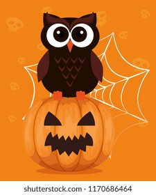 happy halloween card with owl and pumpkin
