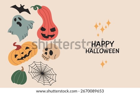 Happy Halloween card poster background banner with spiderwebs, pumpkins, skull, gost and bat