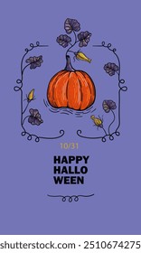 Happy Halloween card, poster, banner with pumpkin and moths. Hand drawn vector autumnal illustration