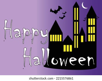 Happy Halloween card, Halloween poster, Black castle, scary castle with bats and crescent moon, Dracula castle, vector illustration, suitable for greeting cards and posters and banner and sign