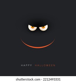 Happy Halloween Card or Poster Template - Creepy Face with Glowing Eyes and Scary Smile in the Dark - Vector Design Illustration with Copyspace, Room, Place for Your Text