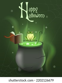 Happy Halloween card. Pot with potion and frog. Halloween vector illustration on green background. 