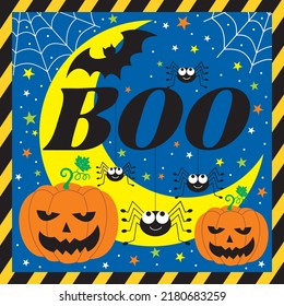 Happy halloween card with pumpkin, bat and boo text