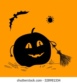 Happy Halloween card with pumpkin, bat and spider. Vector Illustration.