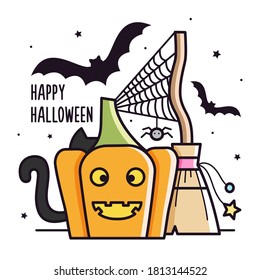 Happy Halloween card. Pumpkin, black cat and bats