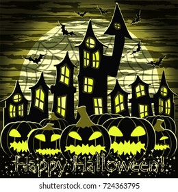 Happy Halloween card with pumpkin and castle, vector illustration