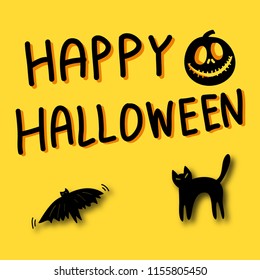 Happy Halloween Card with Pumpkin Cat and Bat on Yellow Background