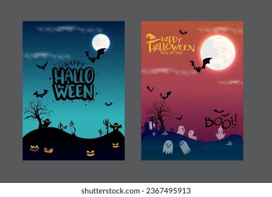 Happy Halloween card, pumpkin design on full moon background, illustrations, ghost and trees, abstract vector design