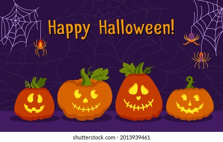 Happy Halloween card, pumpkin face, cobweb and spider. Cartoon pumpkins glows inside scared and smile faces creepy grin. Smiling symbol holiday party Halloween. Scary spooky eyes vector