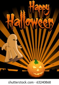 happy halloween card with pumpkin and ghost - vector illustration