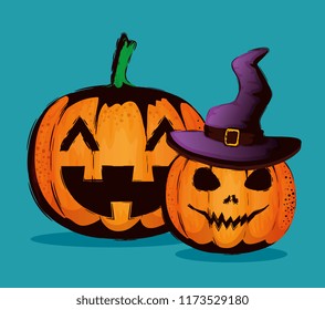 happy halloween card with pumpkin and hat witch